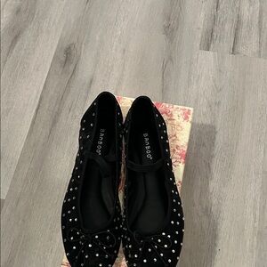 BAMBOO Black Studded Ballet Flats with Bow